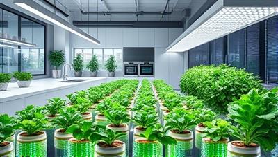 An artistic rendering of a sleek, indoor farming setup with rows of vibrant greens under LED grow lights, blending seamlessly into a contemporary kitchen environment, emphasizing sustainability and modern living.