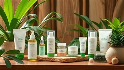 A serene spa setting with a range of customized skincare products displayed, surrounded by lush greenery and natural elements, evoking the essence of plant-based beauty and personalized skincare experiences.