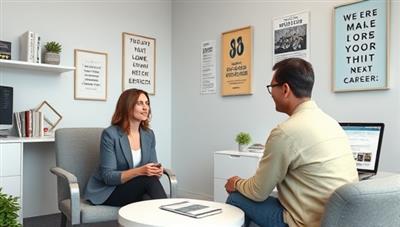A virtual career counseling office setting with a coach and client engaging in a coaching session, with career development resources, motivational posters, and a laptop displaying job search websites in the background, reflecting the supportive and professional environment of CareerClimb Coach.