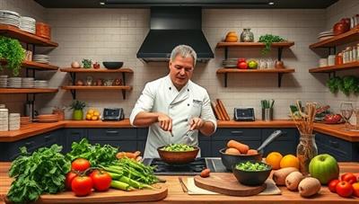 A virtual kitchen setting with a top chef demonstrating a cooking technique, surrounded by an array of colorful ingredients, cooking utensils, and a digital cookbook, creating an immersive culinary learning environment that sparks creativity and culinary passion.