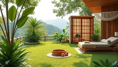 A tranquil beauty wellness retreat setting with lush greenery, calming natural elements, and cozy relaxation areas for beauty treatments and wellness activities, creating a serene and rejuvenating beauty escape in nature.