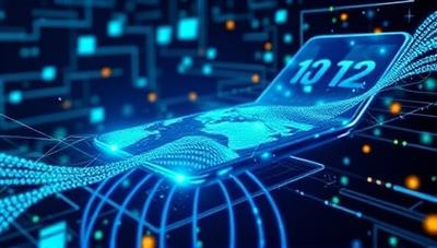 An artistic representation of data streams flowing from smartphones into a digital marketplace, where buyers and sellers interact in a secure and transparent ecosystem, symbolizing the innovative data monetization platform of DataProfit Connect and the value exchange of telecommunication data.