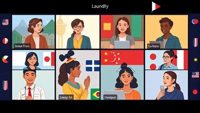 A captivating digital illustration of a virtual language exchange session, depicting diverse individuals communicating in different languages through video calls, accompanied by cultural symbols and flags, symbolizing connection and diversity.