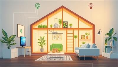 An illustration of a smart home setup with interconnected devices adjusting energy usage based on environmental factors and user preferences, showcasing a modern and eco-friendly living environment powered by technology.