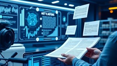 A futuristic AI interface analyzing legal documents in a digital workspace, with legal texts floating in a virtual reality environment, depicting the seamless integration of technology in the legal industry.