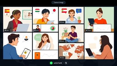 An engaging visual representation of a virtual language exchange session, showing participants from different countries engaging in conversations, sharing cultural insights, and practicing language skills through video chats and interactive activities, fostering global connections and language proficiency.