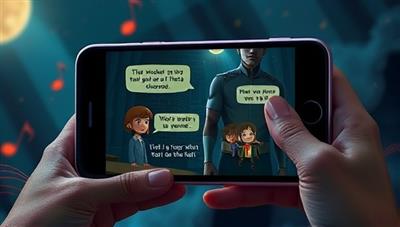 An artistic depiction of a smartphone screen displaying an interactive story scene with animated characters, dialogue choices, and suspenseful music in the background, capturing the immersive and interactive nature of StoryVerse's storytelling experience.