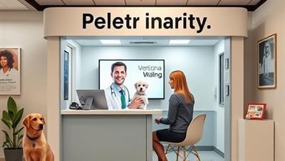 An inviting and pet-friendly consultation booth featuring a veterinarian on a video call with a pet owner, showcasing a caring and professional interaction focused on pet health and well-being, creating a sense of trust and convenience in virtual pet care.