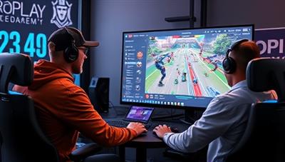 A dynamic eSports coaching session with a professional coach guiding a gamer through strategic gameplay analysis on a large screen, surrounded by gaming equipment and intense gameplay visuals, illustrating the competitive and focused environment of ProPlay Academy coaching.