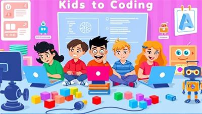 A vibrant and playful illustration featuring animated characters coding together on laptops and tablets in a virtual learning environment, surrounded by colorful coding blocks and robots, inspiring creativity and tech exploration in kids.