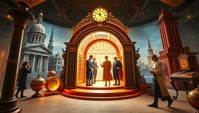 An enchanting digital portal showcasing a virtual time machine with historical figures stepping out of different eras, surrounded by iconic landmarks and artifacts representing various historical periods, inviting users to embark on a time-traveling adventure through TimeTraverse.