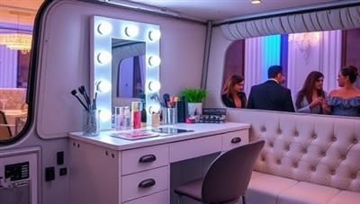 A stylish and compact mobile beauty bar setup featuring a chic vanity mirror, makeup brushes, hairstyling tools, and a comfortable seating area, set against a backdrop of a glamorous event venue, highlighting the convenience and luxury of on-the-go beauty services.