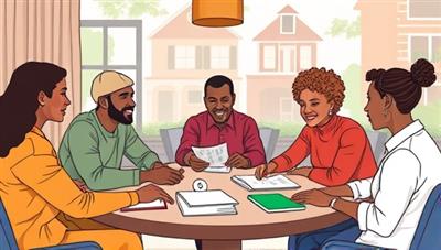 An illustration of diverse community members gathered around a table, discussing real estate investment opportunities and sharing insights, symbolizing collaboration, unity, and collective wealth-building within the neighborhood.