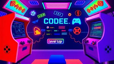 An arcade-themed interface with vibrant colors, game controllers, and coding symbols, illustrating a fun and interactive environment where users can level up their coding skills while enjoying a gamified learning experience.