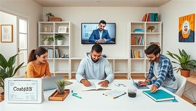 A virtual study room setting with multiple students engaging in a collaborative online tutoring session, accompanied by a friendly tutor, digital study materials, and interactive study tools, creating a dynamic and engaging learning environment.