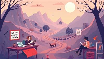 An imaginative digital illustration of a virtual writing retreat landscape with cozy writing nooks, inspirational quotes, and virtual mentor figures guiding writers through creative writing exercises, fostering a sense of community and productivity.
