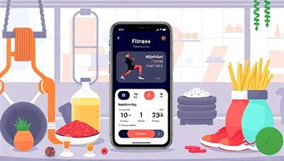 An illustration of a smartphone displaying a fitness app interface with personalized workout recommendations, nutritional tips, and a progress tracker, surrounded by gym equipment and healthy food options, promoting a tech-driven fitness lifestyle.
