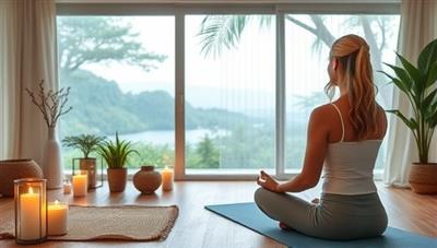 A wellness guide leading a virtual yoga session during a wellness retreat experience, guiding participants through a calming practice in a serene virtual setting, with tranquil nature scenes, candles, and yoga props, creating a peaceful and rejuvenating atmosphere.