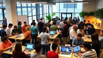 A vibrant, modern community space filled with people of diverse backgrounds, engaged in workshops, networking, and collaborating on laptops, creating a dynamic and inclusive atmosphere.