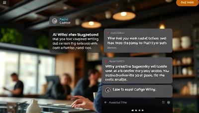 A sleek and modern digital interface showing a writer interacting with an AI assistant, suggesting creative writing suggestions and improvements, with a background of a bustling coffee shop to evoke a productive writing environment.