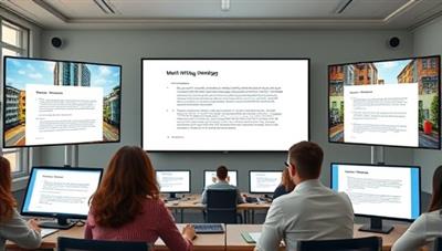 A virtual meeting room scene with a diverse group of remote team members engaging in a writing workshop led by a professional facilitator, with interactive writing exercises displayed on digital screens, showcasing collaborative learning and teamwork.