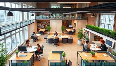 An artistic rendering of a modern co-living space with shared workstations, communal areas for socializing, and a rooftop garden for relaxation, capturing the essence of community and collaboration in the co-living environment.