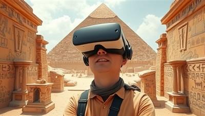 A user wearing a VR headset and exploring an ancient Egyptian pyramid, surrounded by hieroglyphics and historical artifacts, with interactive elements that allow for a hands-on exploration of the historical site, creating a captivating and immersive experience.