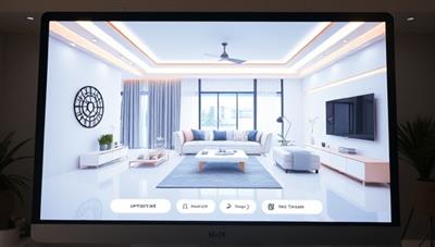 A computer screen displaying an immersive 3D virtual tour of a modern living room, with interactive navigation buttons and realistic lighting effects, creating a captivating visual experience for users.