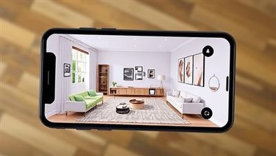 An image of a smartphone displaying the AR interior design app, with a room overlaid with virtual furniture and decor options, creating a realistic and interactive visualization experience for users.