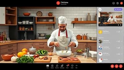 An online cooking class scene with a celebrity chef demonstrating a cooking technique, surrounded by ingredients, utensils, and a virtual kitchen setup, engaging with participants through live chat and interactive features, creating an immersive culinary learning experience.