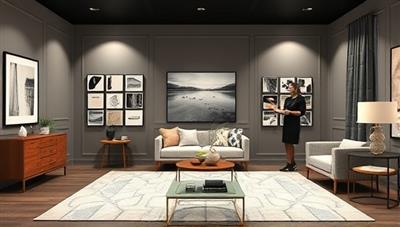 An elegant virtual design studio showcasing mood boards, fabric swatches, and design samples, with a designer presenting a virtual design presentation to a client, creating a sophisticated and professional atmosphere for remote interior design consultations.