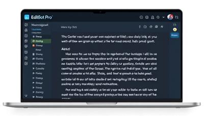 An AI-powered editing interface of EditBot Pro, showing a manuscript being analyzed and edited in real-time with suggestions for improved grammar and style, creating a seamless and efficient editing process for writers and authors.