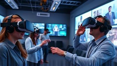 An immersive VR training environment with employees wearing VR headsets, interacting with virtual scenarios and simulations, and engaging in hands-on learning experiences, demonstrating the cutting-edge VR training solutions offered by VR Learning Solutions.