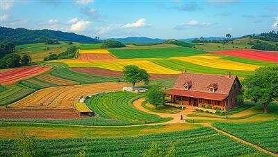 An idyllic farm landscape with rolling hills, colorful crops, and a rustic farmhouse surrounded by lush greenery and wildlife, capturing the essence of a serene and sustainable agri-eco tourism experience offered by GreenEscape Tours, symbolizing a harmonious blend of nature, culture, and adventure.