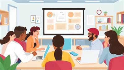 An illustrative depiction of a virtual classroom setting with a diverse group of students and a tutor engaging in an interactive online tutoring session, showcasing educational technology and collaborative learning.
