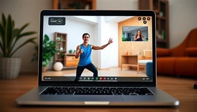 A vibrant and energetic virtual training session displayed on a laptop screen, with a trainer guiding a client through exercises in a home workout setting, emphasizing convenience and professional guidance.
