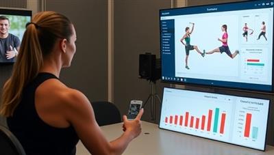 A dynamic virtual fitness coaching session with a trainer guiding a user through a workout routine via a video call, interactive exercise demonstrations on a screen, and fitness progress charts displayed, showcasing the personalized and engaging nature of FitSync Pro's virtual coaching platform for users striving for fitness goals.