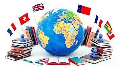 An artistic representation of a digital globe surrounded by language books, flags, and virtual avatars engaging in language exchange conversations, symbolizing cultural diversity and linguistic connections.