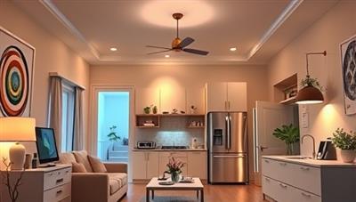 A home interior featuring a modern smart home setup with voice-activated devices, automated lighting, security cameras, and energy-efficient appliances, showcasing the convenience and efficiency of smart home technology.
