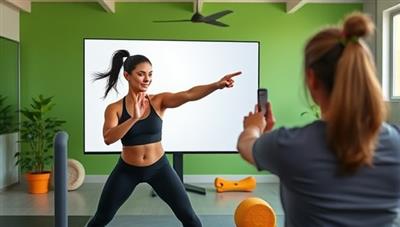 A dynamic and energetic virtual fitness session with a coach guiding a client through exercises via a video call, showcasing a vibrant and supportive training environment.