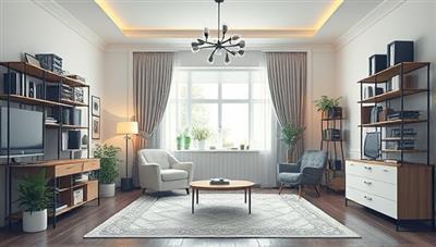An elegant virtual room transformation, showcasing a cluttered space turning into a well-organized and stylish area through digital visualization, inspiring a sense of order and tranquility.