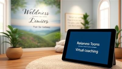 A serene virtual wellness room featuring calming visuals, mindfulness quotes, and relaxation tools, with a digital coaching session in progress on a tablet screen, promoting a tranquil and supportive mental wellness coaching environment.