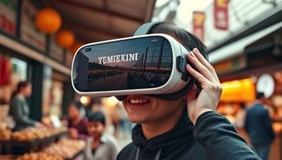 An enticing virtual reality headset displaying a vibrant marketplace scene, with users interacting with local vendors and experiencing the sights and sounds of a bustling foreign market, evoking a sense of wanderlust and cultural immersion.