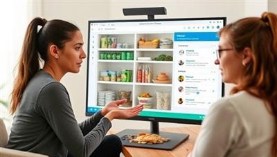 An online nutrition consultation scene featuring a nutritionist discussing dietary recommendations and wellness tips with a client, with a virtual pantry and meal planning tools visible on the screen, symbolizing the comprehensive and personalized approach of NutriVibe Virtual's nutrition coaching platform.