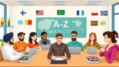 A vibrant and diverse virtual classroom setting with avatars representing users from various countries engaging in language exchange conversations, showcasing a fun and interactive learning environment.