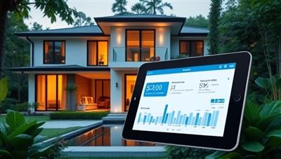 An elegant, modern home with a smart water monitoring system displayed on a tablet, showing real-time water usage data and notifications about leaks, surrounded by lush greenery, highlighting sustainability and efficiency.