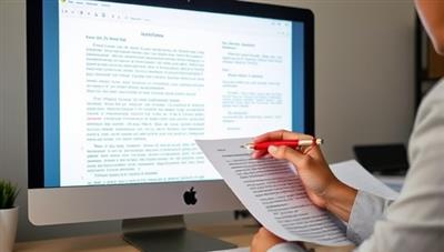 A computer screen displaying a legal document being reviewed with annotations and corrections, alongside a professional reviewing legal text with a red pen in hand, symbolizing meticulous document review and editing services.