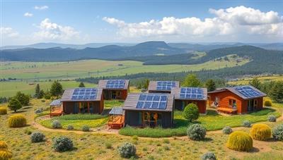 An artistic rendering of a picturesque landscape with a cluster of beautifully designed tiny homes surrounded by lush greenery and solar panels, illustrating a harmonious blend of nature and modern living.