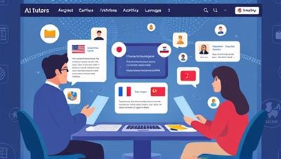 An engaging language learning platform interface showcasing AI tutors interacting with users, language exercises, and cultural immersion activities, creating a dynamic and interactive virtual environment for language learners to practice and improve their language skills.