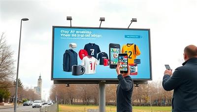 An outdoor billboard showcasing an AR-enabled advertisement where passersby can interact with the brand's products virtually through their smartphones, creating a dynamic and engaging advertising experience.